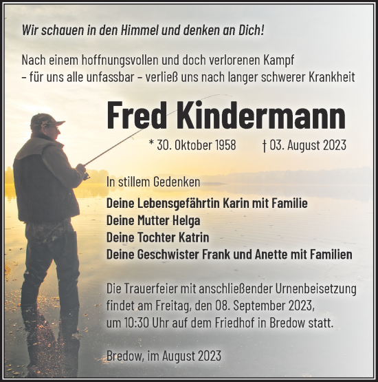 Traueranzeige von Fred Kindermann von Märkische Oderzeitung