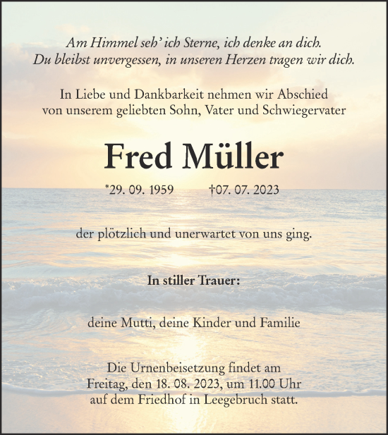 Traueranzeige von Fred Müller von Märkische Oderzeitung