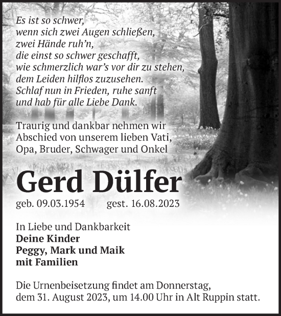 Traueranzeige von Gerd Dülfer von Märkische Oderzeitung