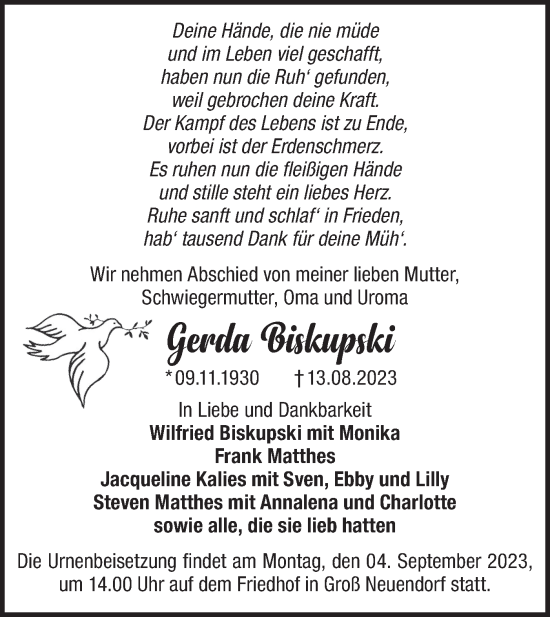 Traueranzeige von Gerda Biskupski von Märkische Oderzeitung