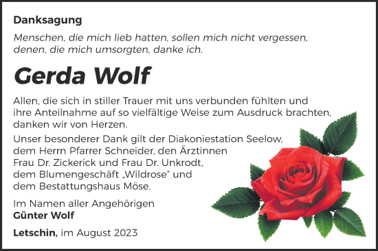 Traueranzeige von Gerda Wolf von Märkische Oderzeitung