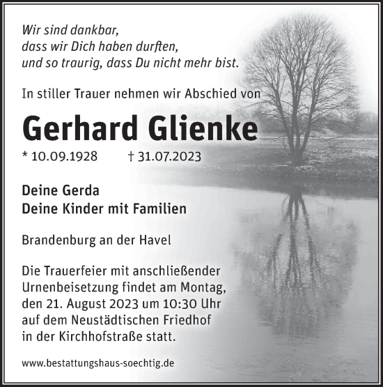 Traueranzeige von Gerhard Glienke von Märkische Oderzeitung