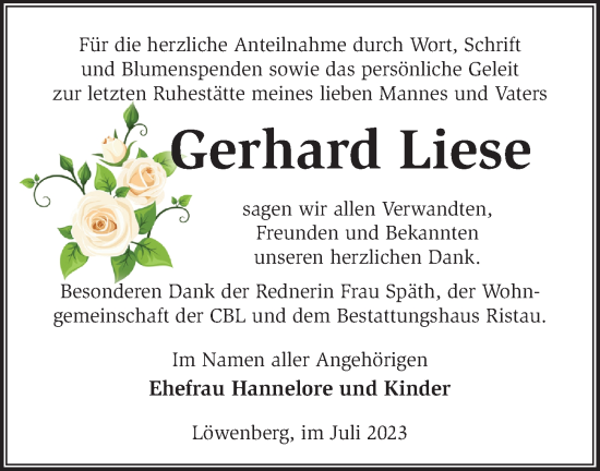 Traueranzeige von Gerhard Liese von Märkische Oderzeitung