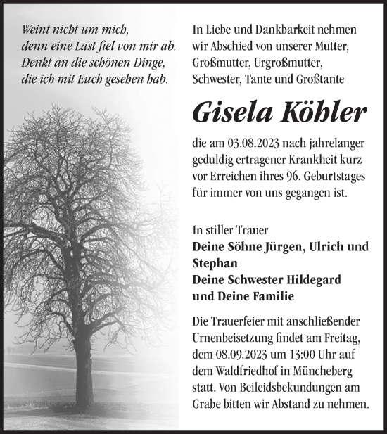 Traueranzeige von Gisela Köhler von Märkische Oderzeitung