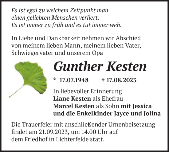 Traueranzeige von Gunther Kesten von Märkische Oderzeitung