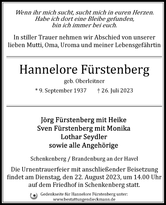 Traueranzeige von Hannelore Fürstenberg von Märkische Oderzeitung