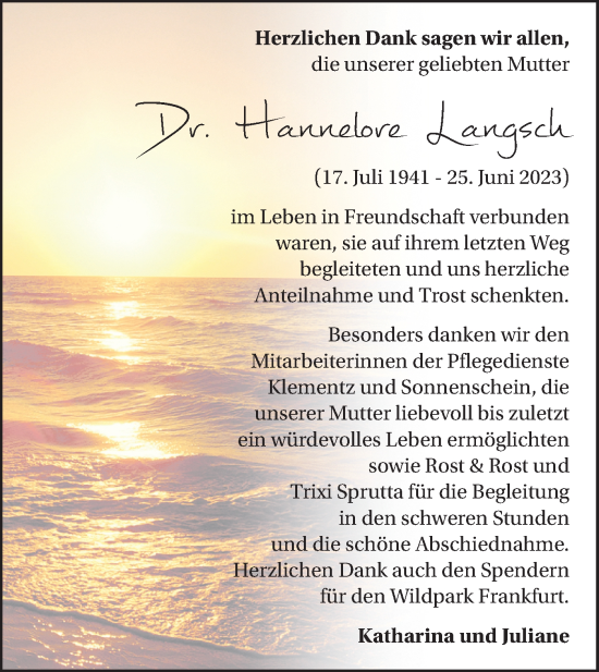 Traueranzeige von Hannelore Langsch von Märkische Oderzeitung