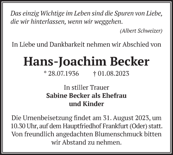 Traueranzeige von Hans-Joachim Becker von Märkische Oderzeitung