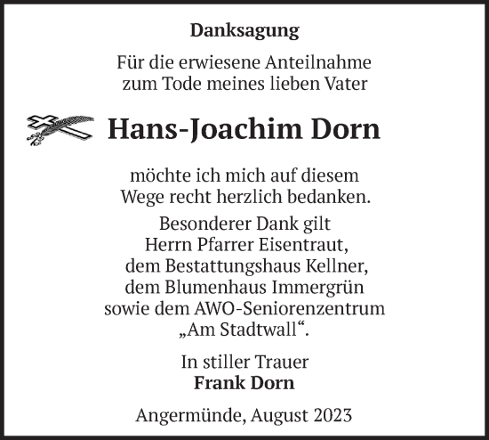 Traueranzeige von Hans-Joachim Dorn von Märkische Oderzeitung