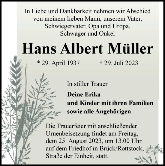 Traueranzeige von Hans Albert Müller von Märkische Oderzeitung