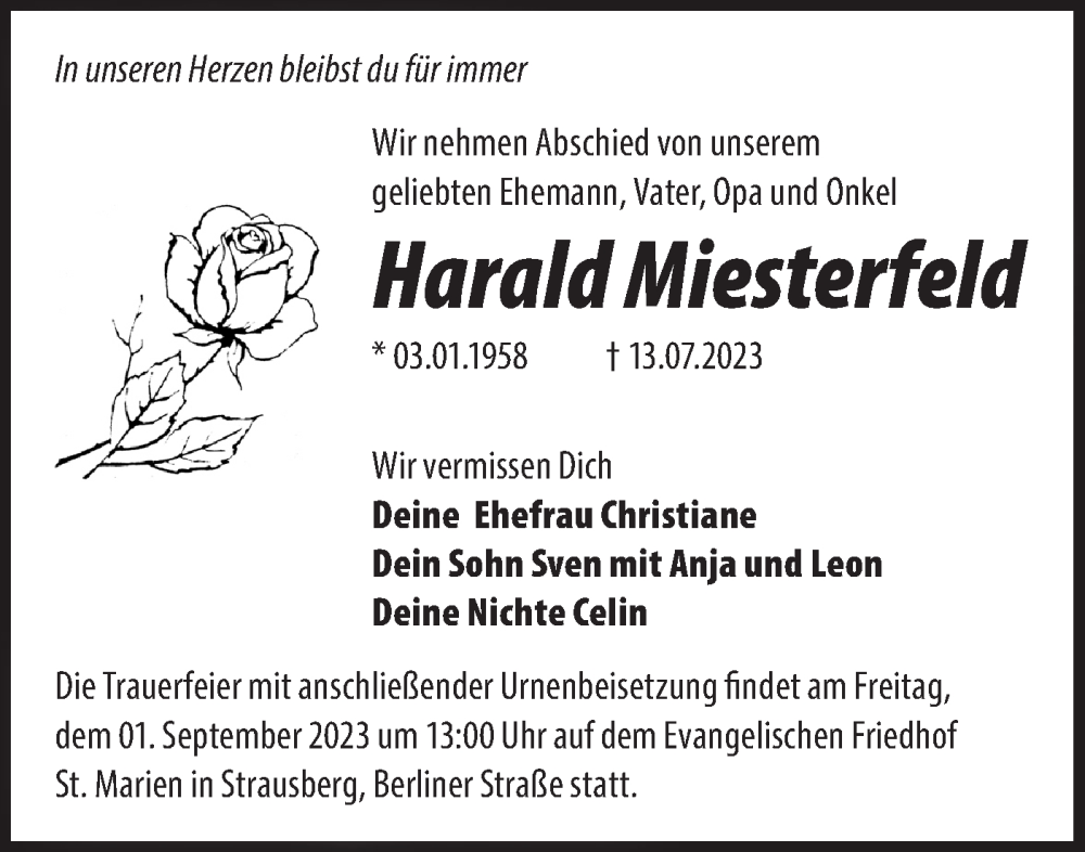  Traueranzeige für Harald Miesterfeld vom 19.08.2023 aus Märkische Oderzeitung