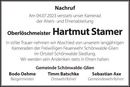 Traueranzeige von Hartmut Stamer von Märkische Oderzeitung