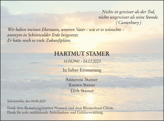 Traueranzeige von Hartmut Stamer von Märkische Oderzeitung