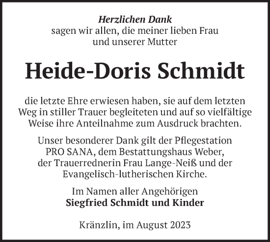 Traueranzeige von Heide-Doris Schmidt von Märkische Oderzeitung