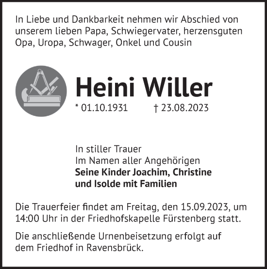 Traueranzeige von Heini Willer von Märkische Oderzeitung