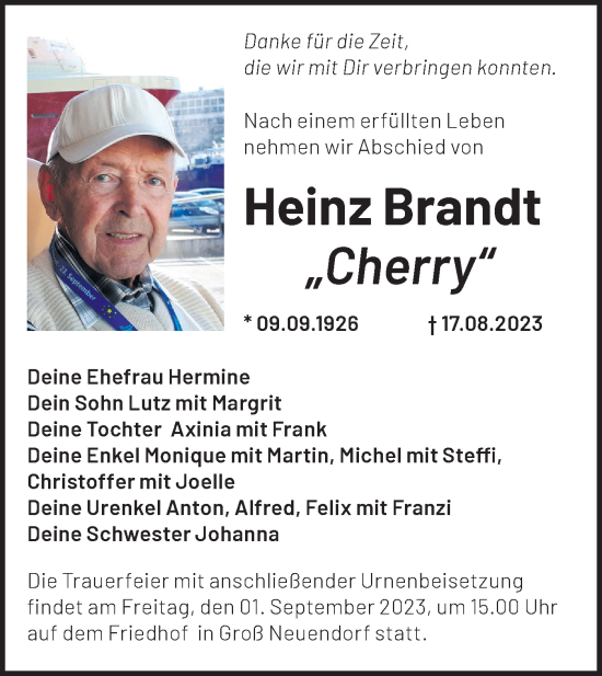 Traueranzeige von Heinz Brandt von Märkische Oderzeitung