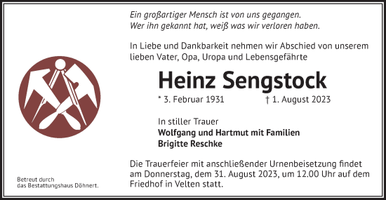 Traueranzeige von Heinz Sengstock von Märkische Oderzeitung