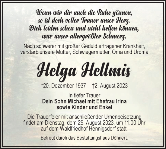 Traueranzeige von Helga Hellmis von Märkische Oderzeitung