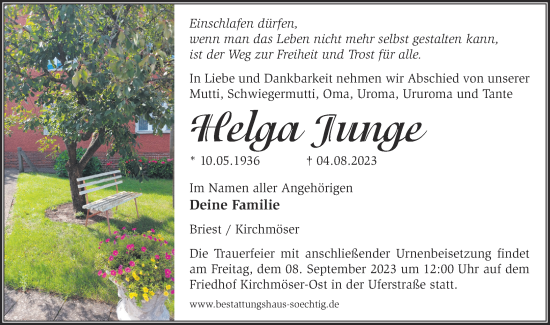 Traueranzeige von Helga Junge von Märkische Oderzeitung