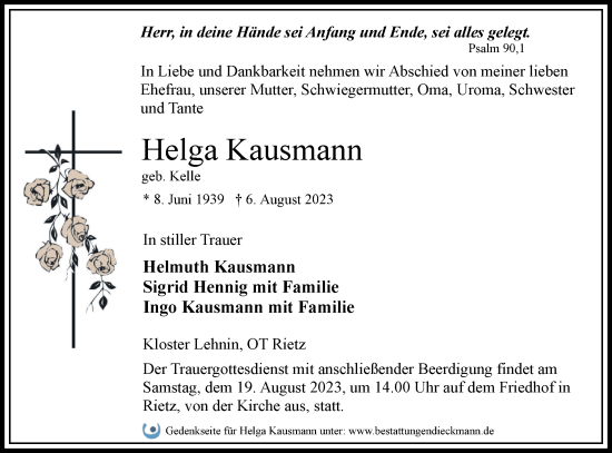 Traueranzeige von Helga Kausmann von Märkische Oderzeitung