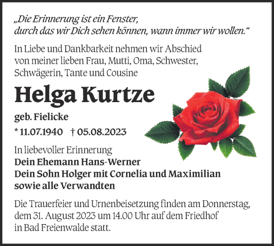 Traueranzeige von Helga Kurtze von Märkische Oderzeitung