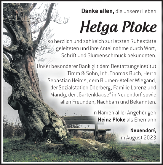 Traueranzeige von Helga Ploke von Märkische Oderzeitung