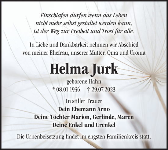 Traueranzeige von Helma Jurk von Märkische Oderzeitung