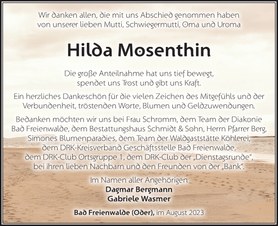 Traueranzeige von Hilda Mosenthin von Märkische Oderzeitung