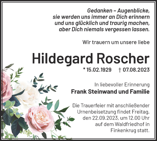 Traueranzeige von Hildegard Roscher von Märkische Oderzeitung