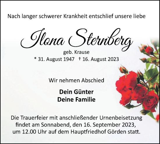 Traueranzeige von Ilona Sternberg von Märkische Oderzeitung