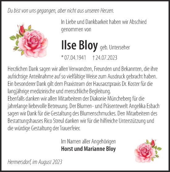 Traueranzeige von Ilse Bloy von Märkische Oderzeitung