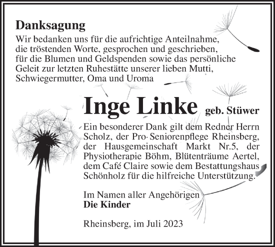 Traueranzeige von Inge Linke von Märkische Oderzeitung