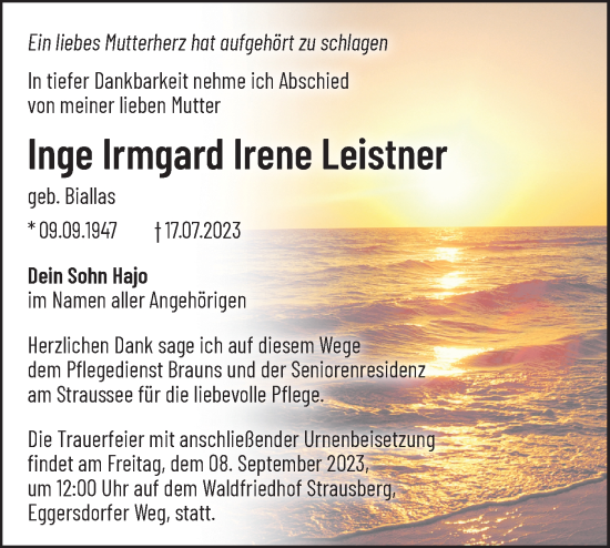 Traueranzeige von Inge Irmgard Irene Leistner von Märkische Oderzeitung