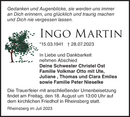 Traueranzeige von Ingo Martin von Märkische Oderzeitung