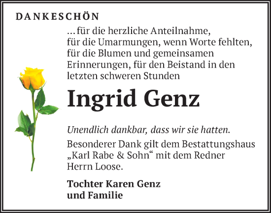 Traueranzeige von Ingrid Genz von Märkische Oderzeitung