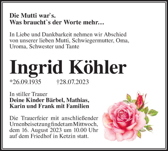 Traueranzeige von Ingrid Köhler von Märkische Oderzeitung