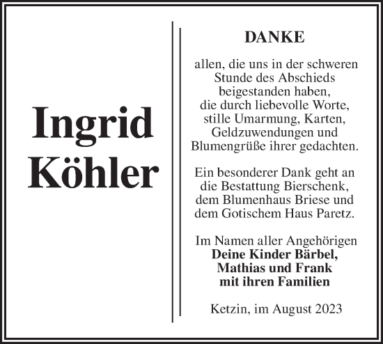 Traueranzeige von Ingrid Köhler von Märkische Oderzeitung