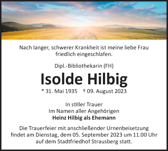 Traueranzeige von Isolde Hilbig von Märkische Oderzeitung