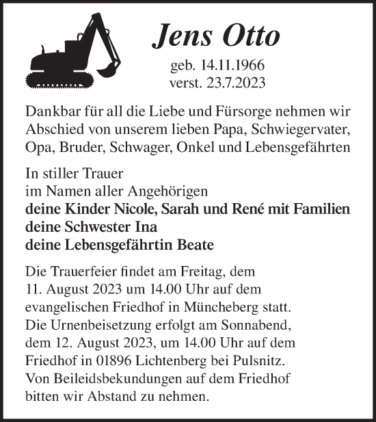 Traueranzeige von Jens Otto von Märkische Oderzeitung