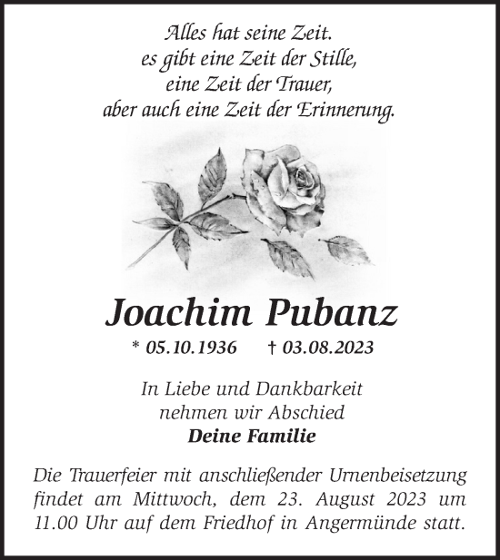 Traueranzeige von Joachim Pubanz von Märkische Oderzeitung