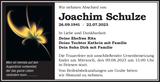 Traueranzeige von Joachim Schulze von Märkische Oderzeitung