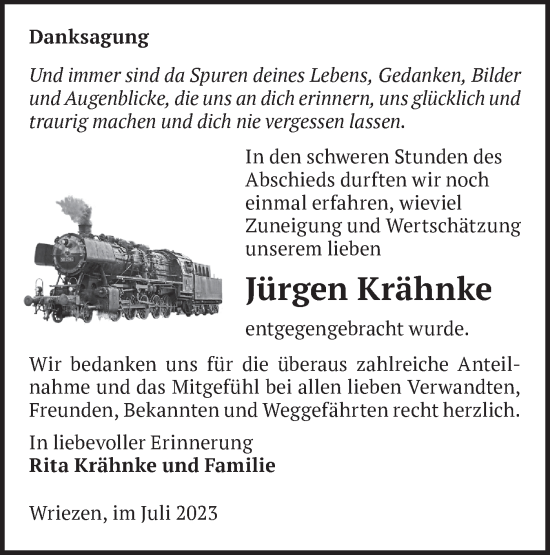 Traueranzeige von Jürgen Krähnke von Märkische Oderzeitung