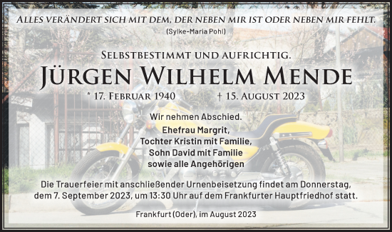 Traueranzeige von Jürgen Wilhelm Mende von Märkische Oderzeitung