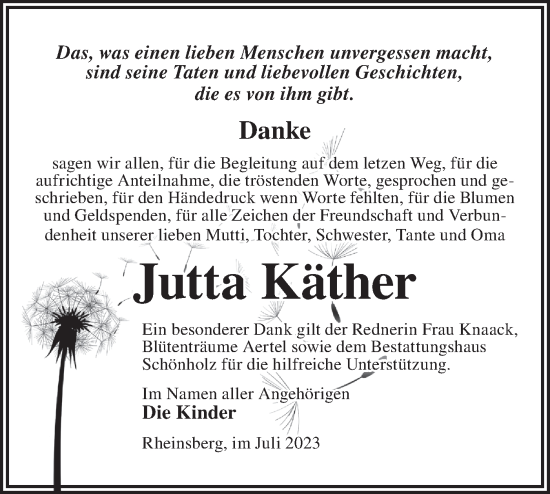 Traueranzeige von Jutta Käther von Märkische Oderzeitung