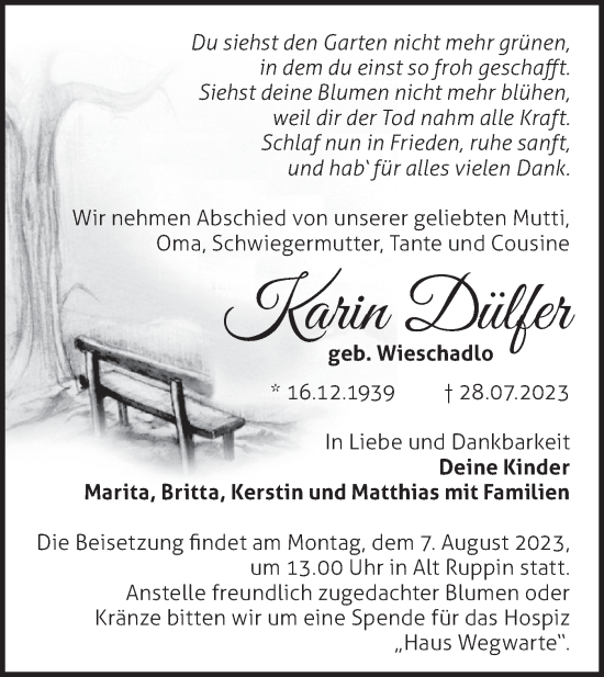 Traueranzeige von Karin Dülfer von Märkische Oderzeitung