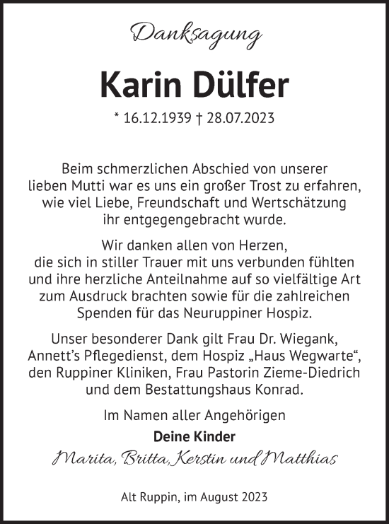 Traueranzeige von Karin Dülfer von Märkische Oderzeitung