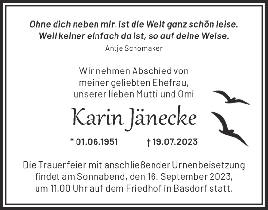 Traueranzeige von Karin Jänecke von Märkische Oderzeitung