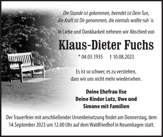 Traueranzeige von Klaus-Dieter Fuchs von Märkische Oderzeitung