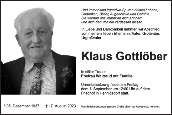 Traueranzeige von Klaus Gottlöber von Märkische Oderzeitung