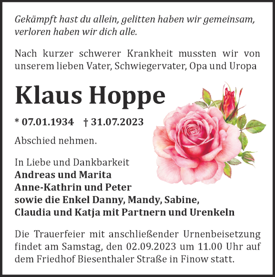 Traueranzeige von Klaus Hoppe von Märkische Oderzeitung